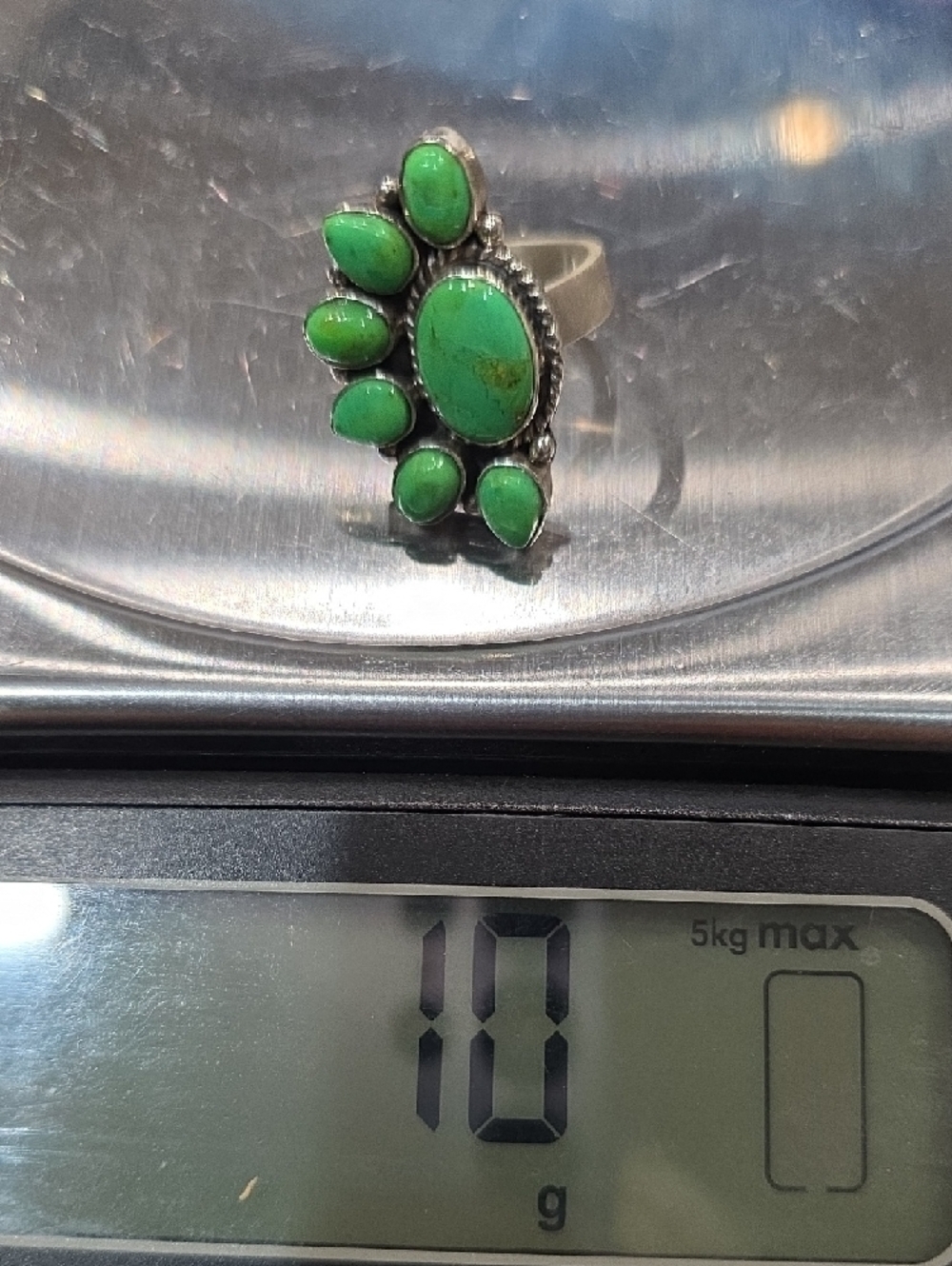 Artisan Green Turquoise Sterling Silver Cluster Ring Sz 8 Adjustable 10g - Picture 8 of 8